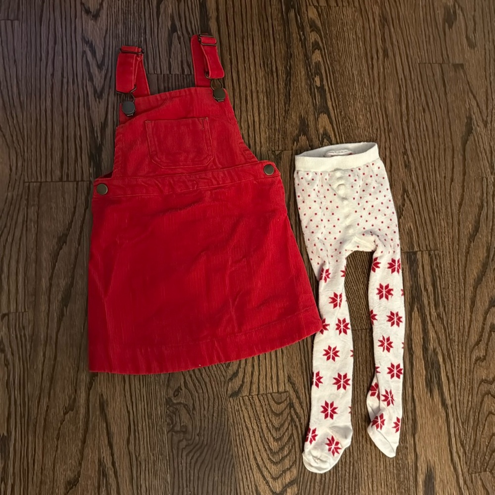 Hanna Andersson Red Corduroy Dress Set with White Floral Tights